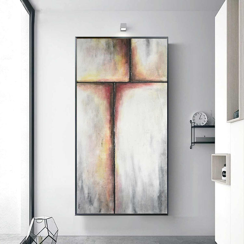 Long Thin Grey Red Abstract Painting For Decor Current Framed Art