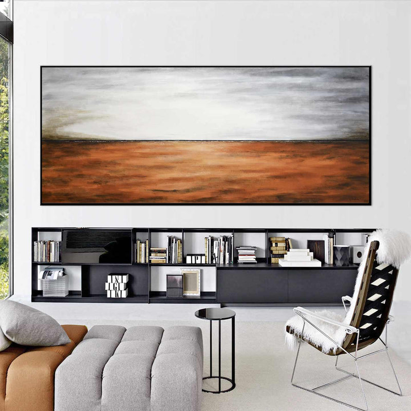 Long Wide Landscape Painting Above Bed Gray Brown Hand Painted