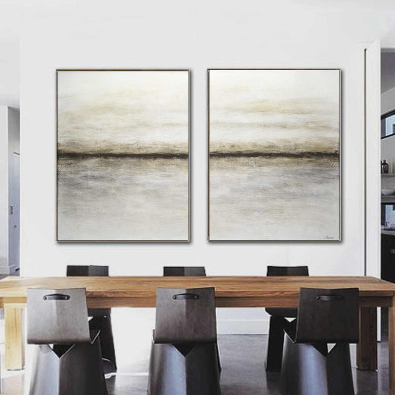 Minimal Abstract Landscape Beige White Art Diptych Paintings