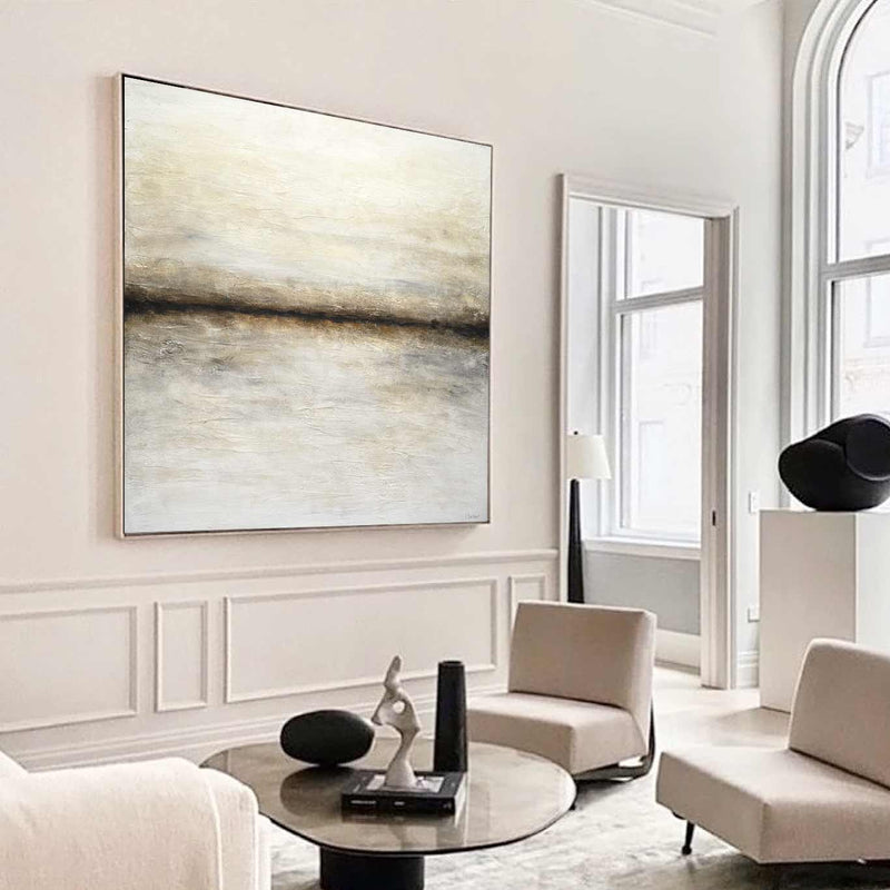 Minimal Plaster Horizon Line Painting Light Beige Brown Muted Colors