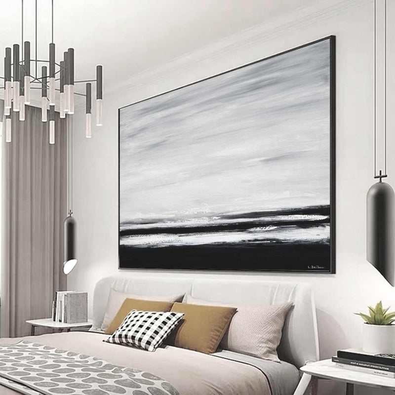 Monochrome Landscape Painting Above Bed