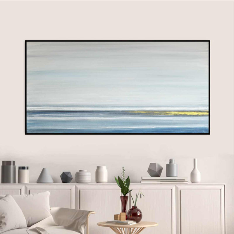Panoramic Minimal Seascape Painting Blue Gold Art Wide Artwork