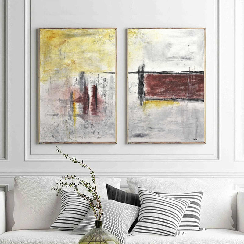 Red Yellow Diptych Set Of 2 Abstracts Frames Contemporary