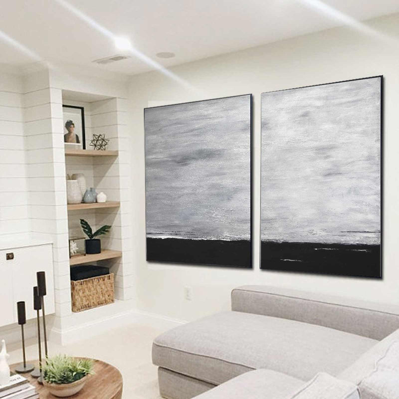 Set Of Two Black Dark Landscape Paintings Monochrome Art