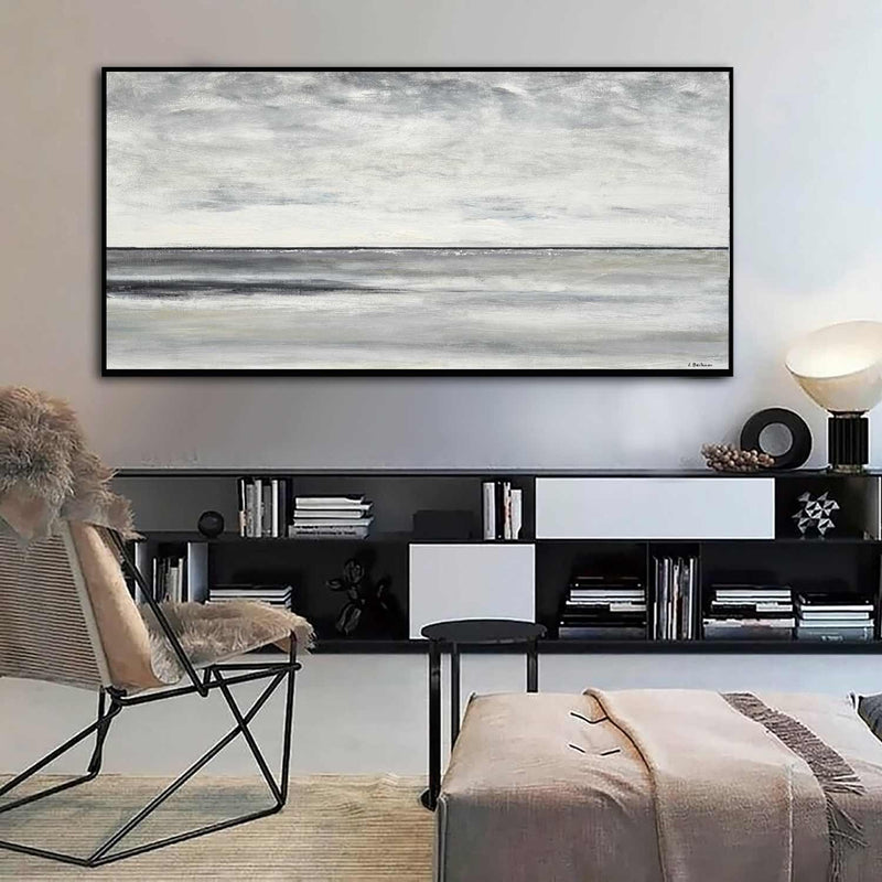 wood framed Hand Painted Gray Painting in living room