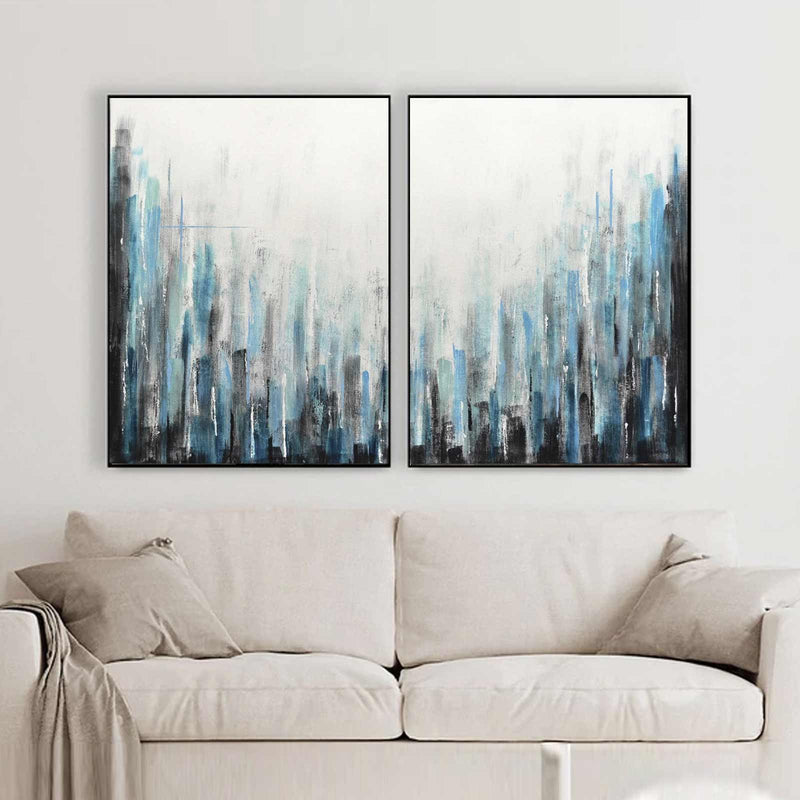 Geometric Lines Painting White Blue  Canvas