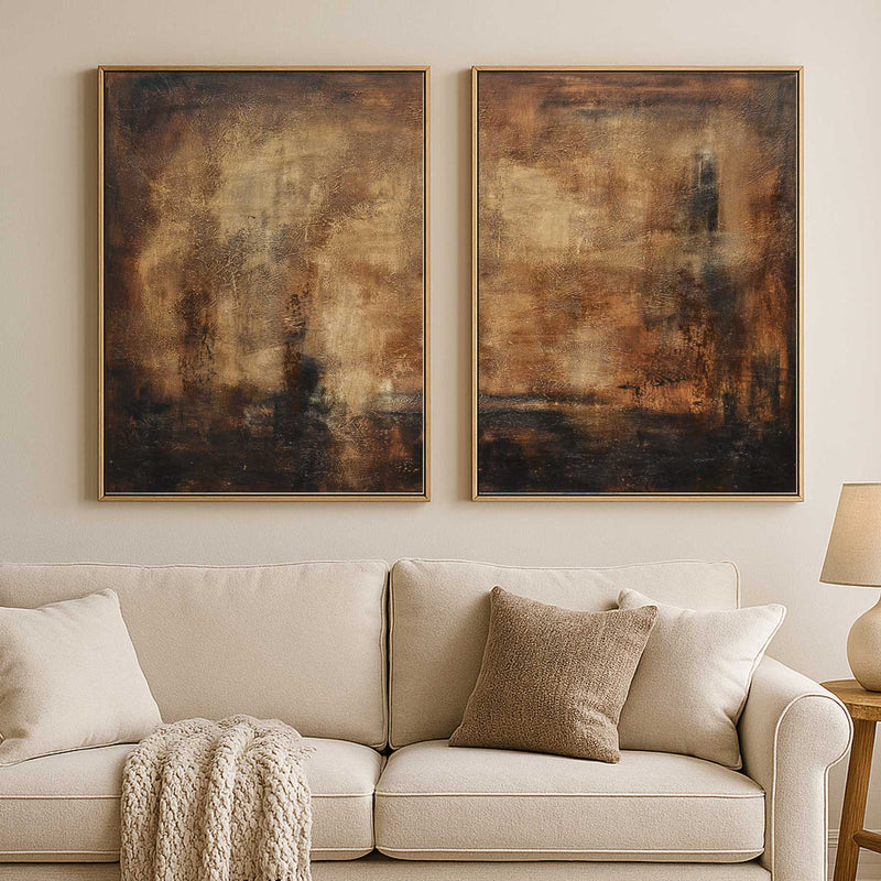 Two Panel Contemporary Original Oil Paintings Brown living room