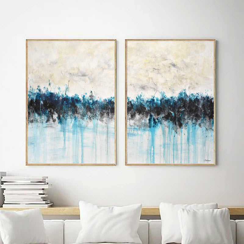 Pouring Painting Blue Sand Diptych Abstracts Set Of Two