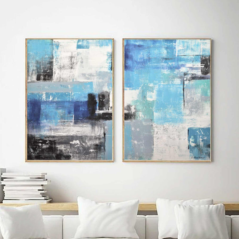 Abstract Shapes Oversized Blue Diptych Paintings