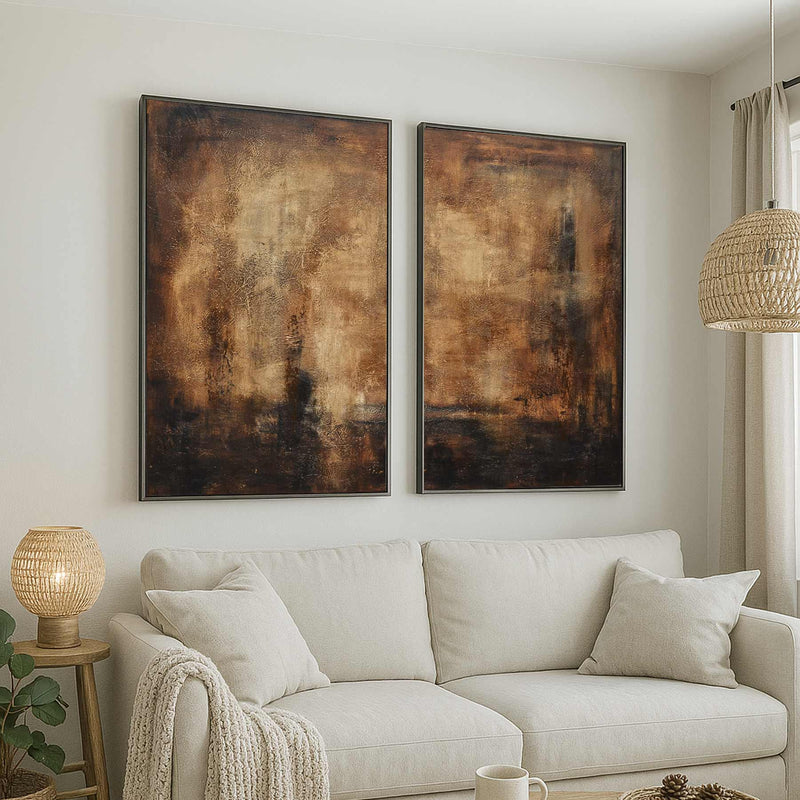 2 Panel Contemporary Original Oil Paintings Brown above sofa