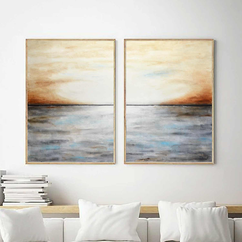 Oversized Horizon Line Abstract Brown Paintings Set Of 2 "Distant Skies"