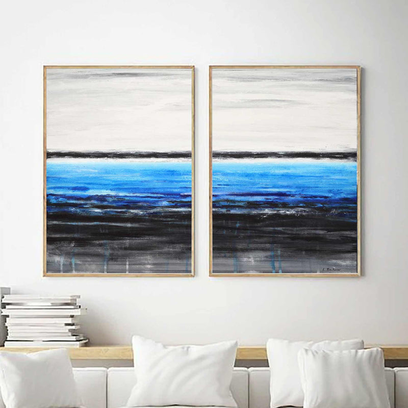 Seashore Coastal Black Blue Painting diptych 