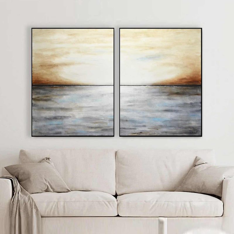 Oversized Horizon Line Abstract Brown Paintings Set Of 2 "Distant Skies"