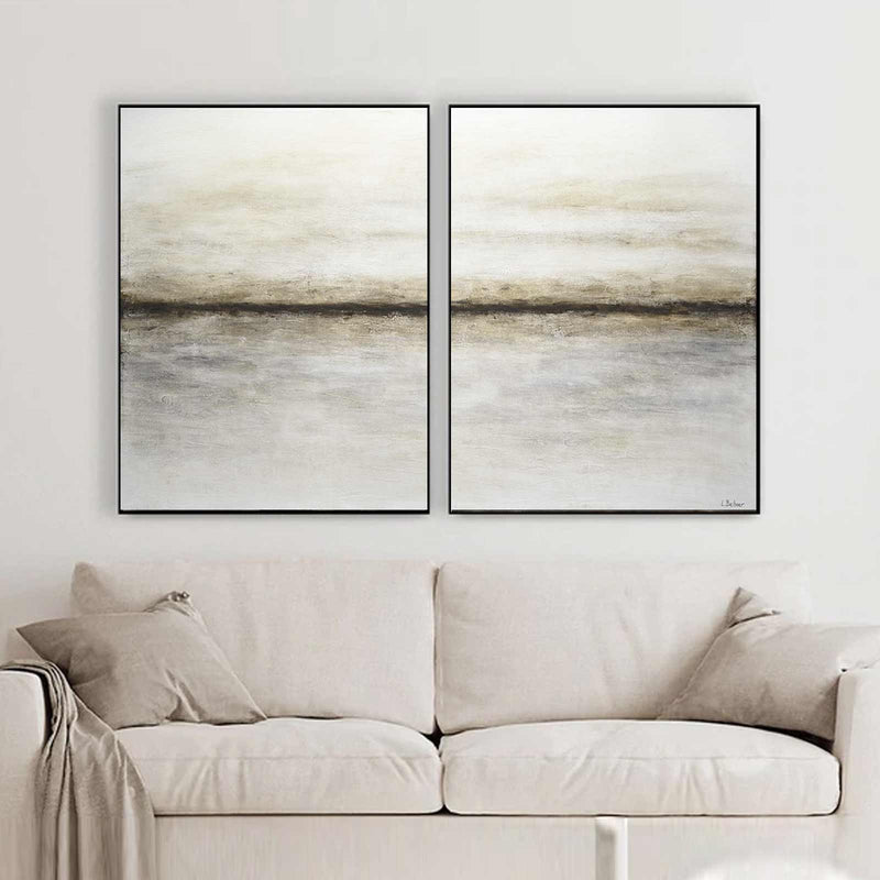 Minimal Abstract Landscape Beige  Diptych Paintings