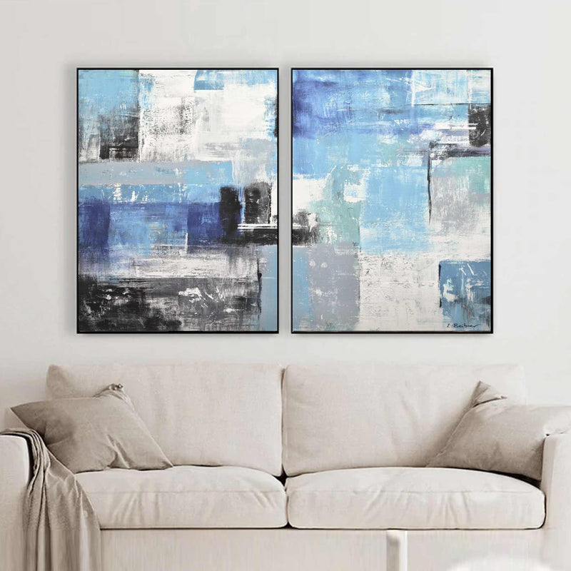 Abstract Shapes Oversized Blue Diptych Paintings