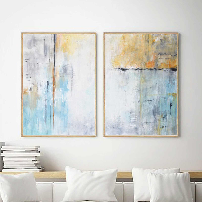 Blue Yellow Set Of Two Abstract Paintings 