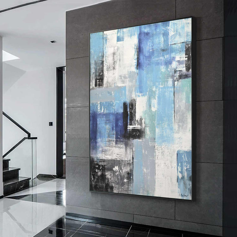 Blue White Abstract Geometric Blocks Art in entryway