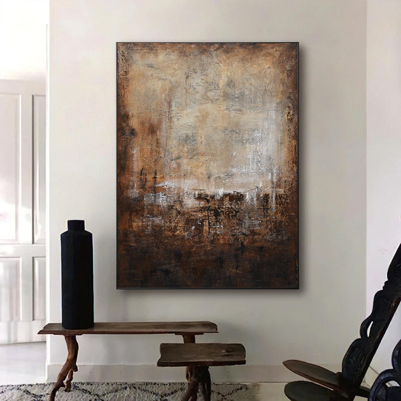 Warm Brown Abstract Painting Wabi Sabi Art Large Framed Mixed Media
