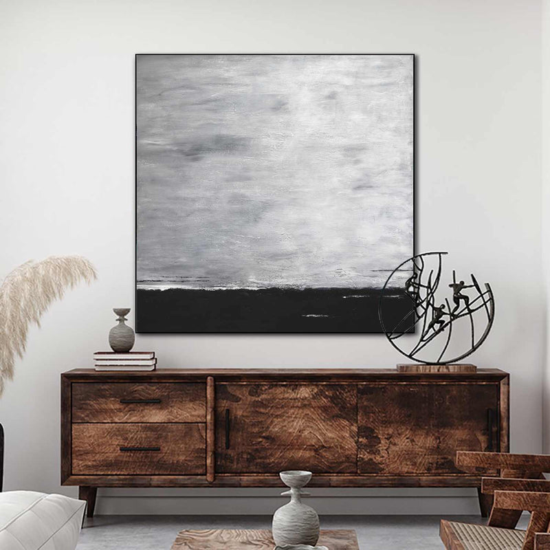 Grayscale Square Landscape Wall Art For Dining Room Gray Black