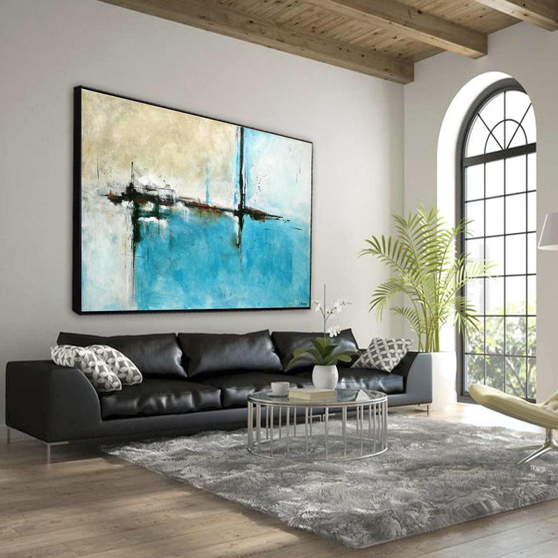 contemporary art Turquoise Beige Large Abstract Painting bedroom above couch