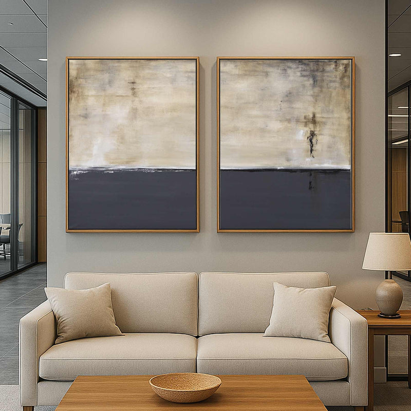 original Calming Wall Art Set Of Two Gray Beige Paintings Above Sofa