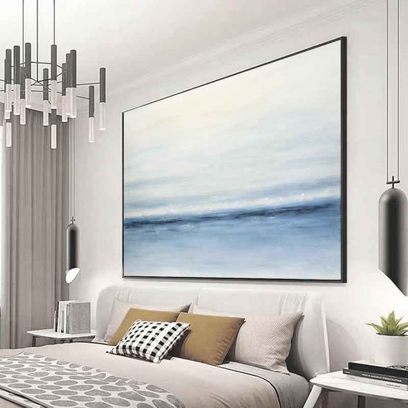 Blue White Large Landscape Art above bed