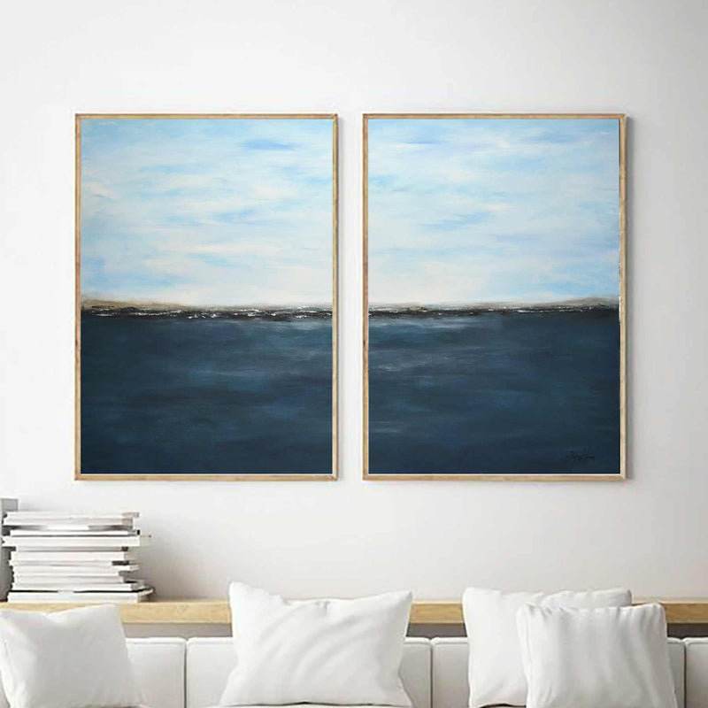 Blue Seascape Abstract Skyscape Horizon Diptych 