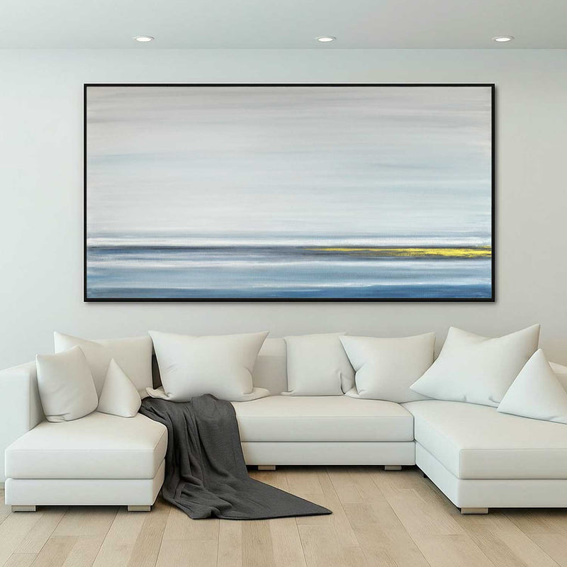 Panoramic Minimal Seascape above couch Painting Blue Gold Art Wide Artwork