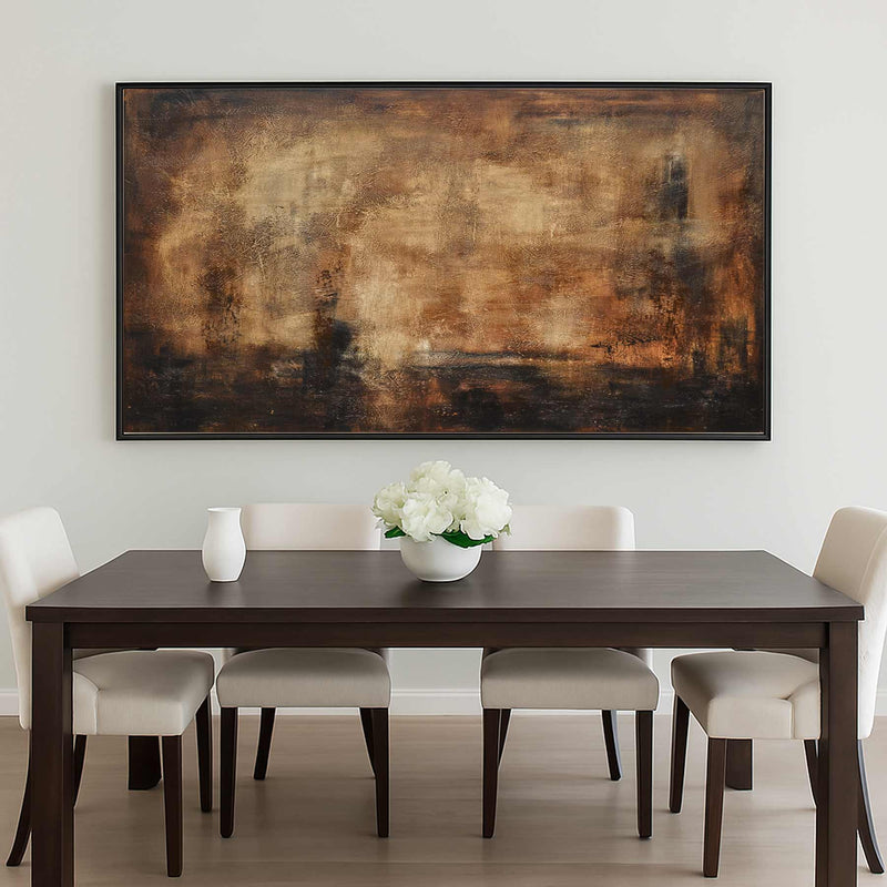 Dining room with a dark wooden table and chairs, featuring a large abstract painting on the wall.