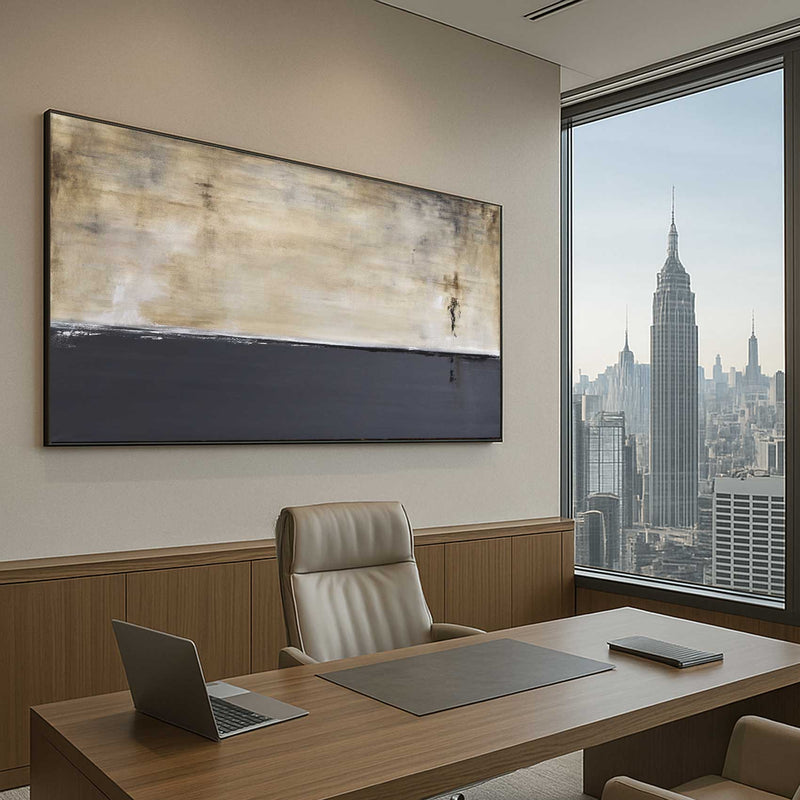Modern Gray Brown Abstract Painting Panoramic Above Couch