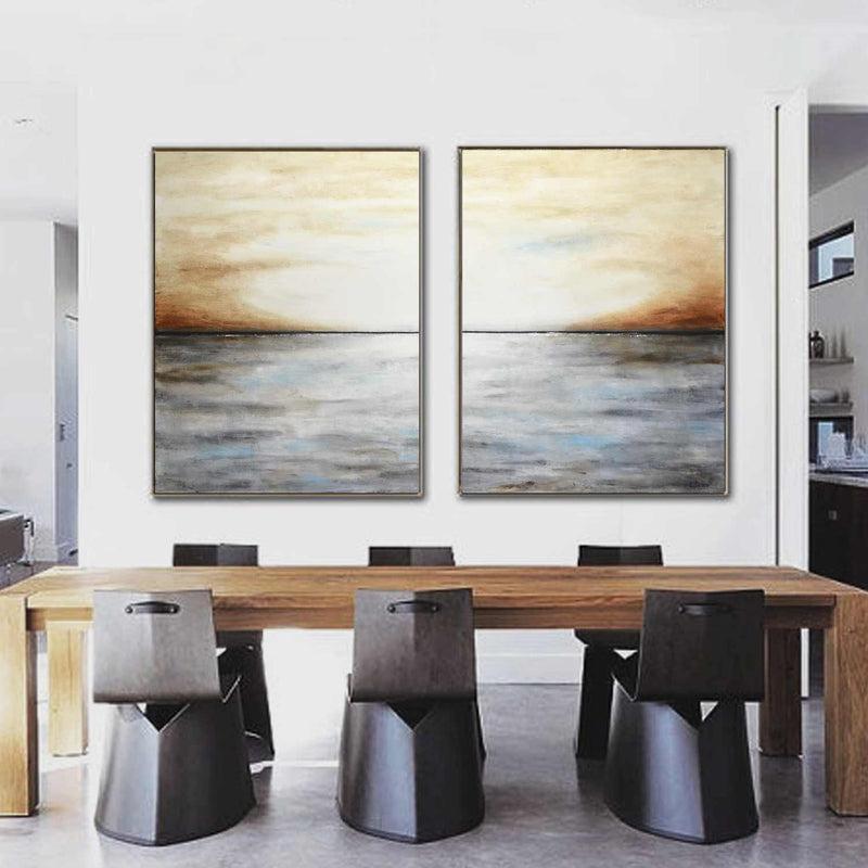 Oversized Horizon Line Abstract Brown Paintings Set Of 2 "Distant Skies"