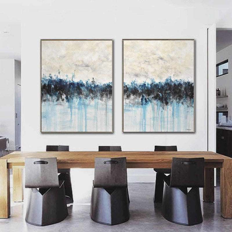 Pouring Painting Blue Sand Diptych Abstract set of 2