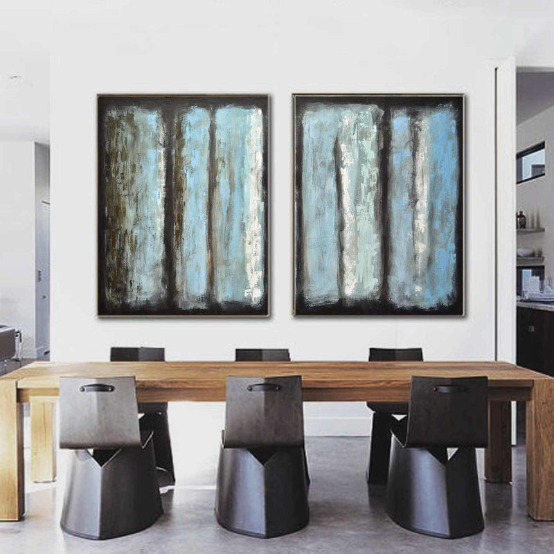 set of 2 Panels Abstract Brown Blue Paintings Oversized Art