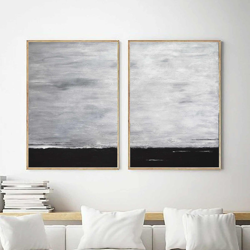 Set Of 2 Black Dark Landscape Paintings Monochrome Art