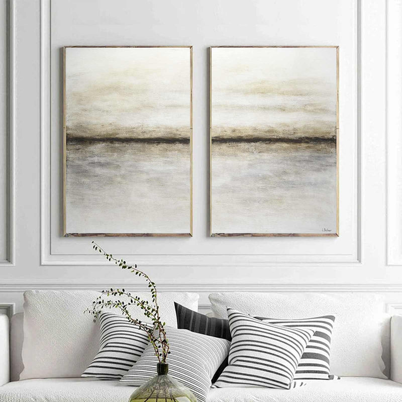 Minimal Abstract set of 2 Beige White Art Diptych Paintings