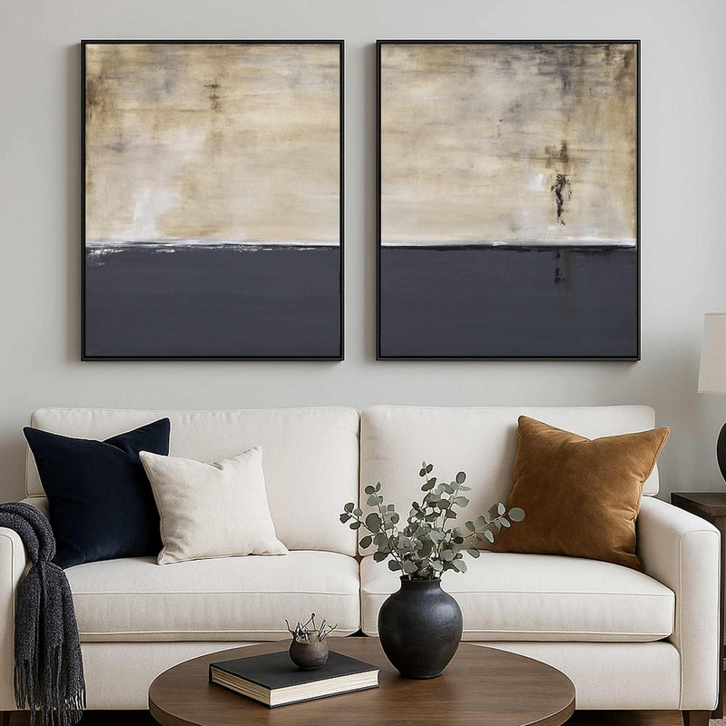 diptych Calming Wall Art Set Of Two Gray Beige Paintings Above Sofa