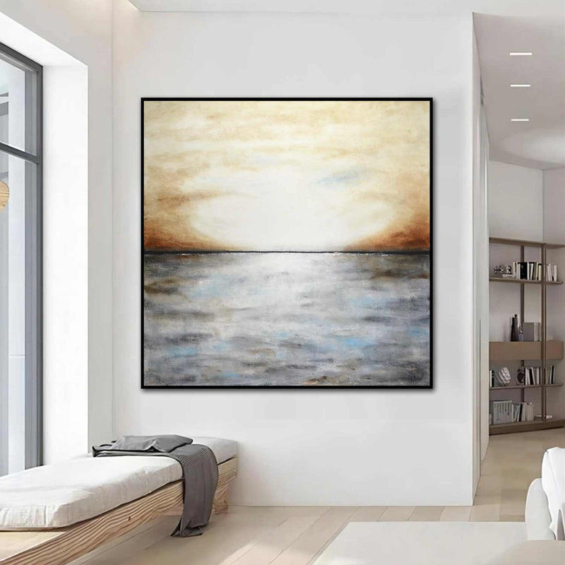 square Original Abstract Landscape Painting Gray Brown 