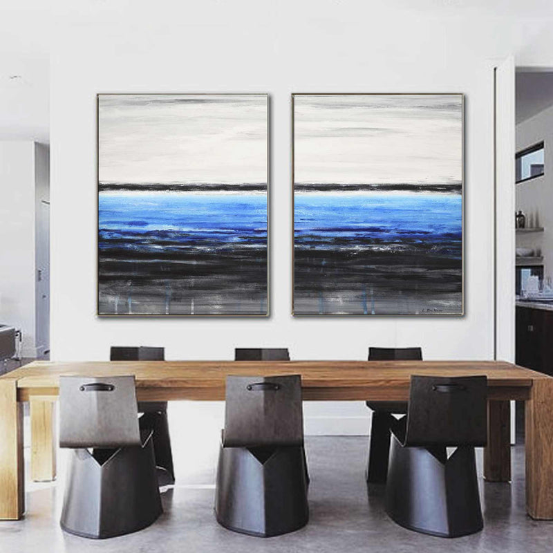 two piece Seashore Coastal Black Blue Painting  Hand Painted