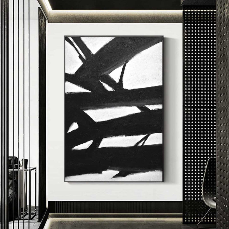 large vertical black and white painting