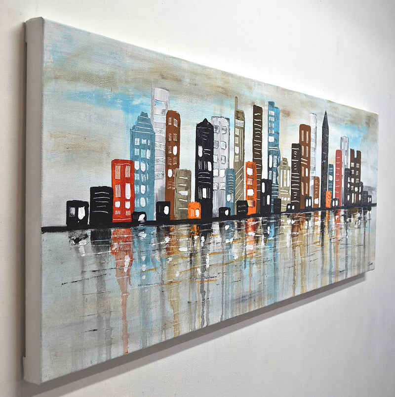 "Bright Lights" Urban abstract painting framed skyline town