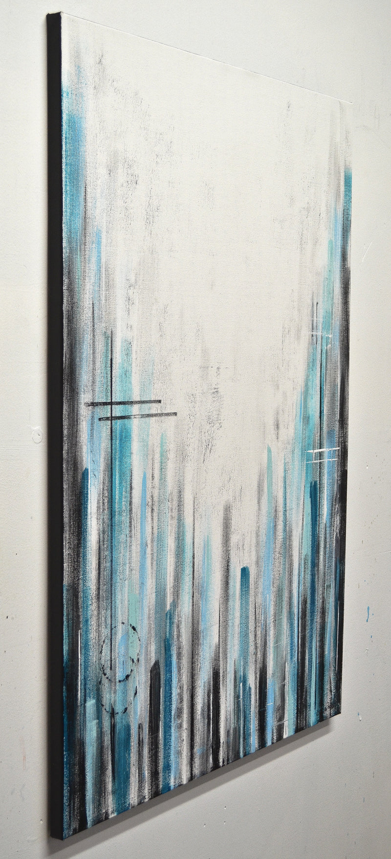 "Straight Face" blue white striped abstract painting